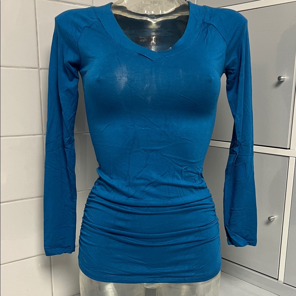 Super Soft Dk Teal Ruched Hips Fitted V-Neck S NWT